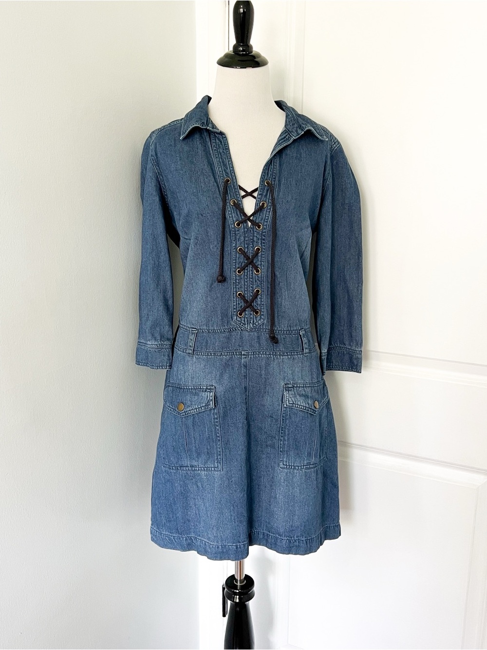 NAF NAF Denim Lace-Up Mini Dress in Blue - Size 38